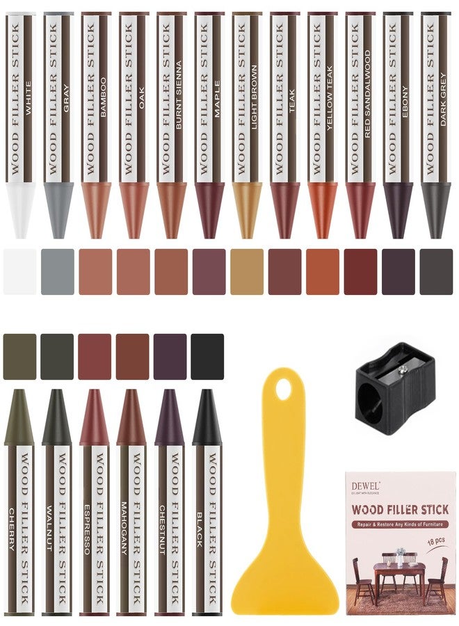 DEWEL Wood Filler Sticks, 18 Colors Wood Crayons for Scratches, Wood Floor Repair Wax Filler Sticks, Furniture Scratch Repair Crayons Kit for Wood Holes, Scratches, Table - Image 1